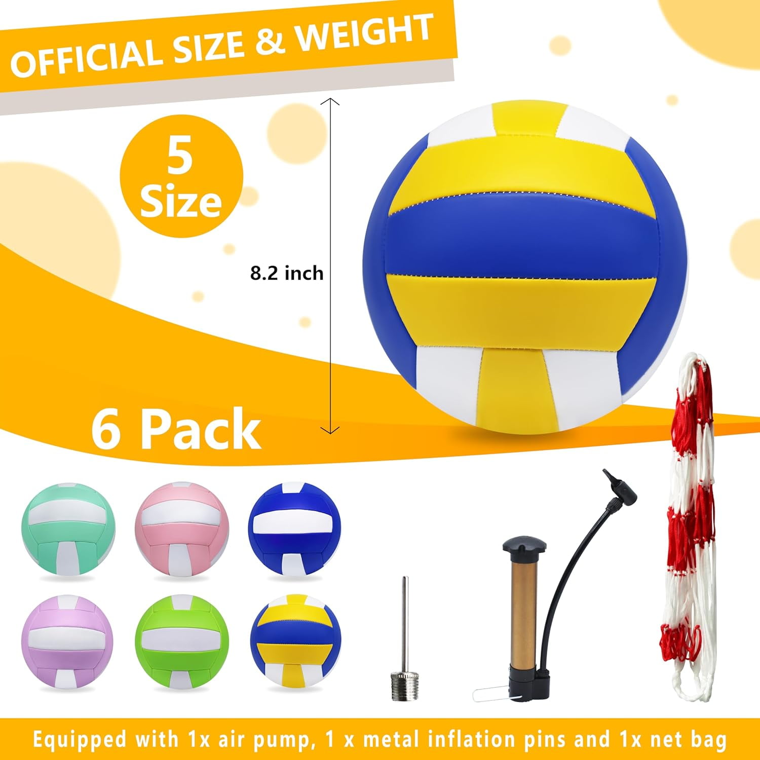Magicorange 6 Pack Volleyball Ball, Official Size 5 Soft PU Leather Recreational Volleyballs with Pump & Mesh Bag for Beach Play, Game,Gym,Training (Multicolor)