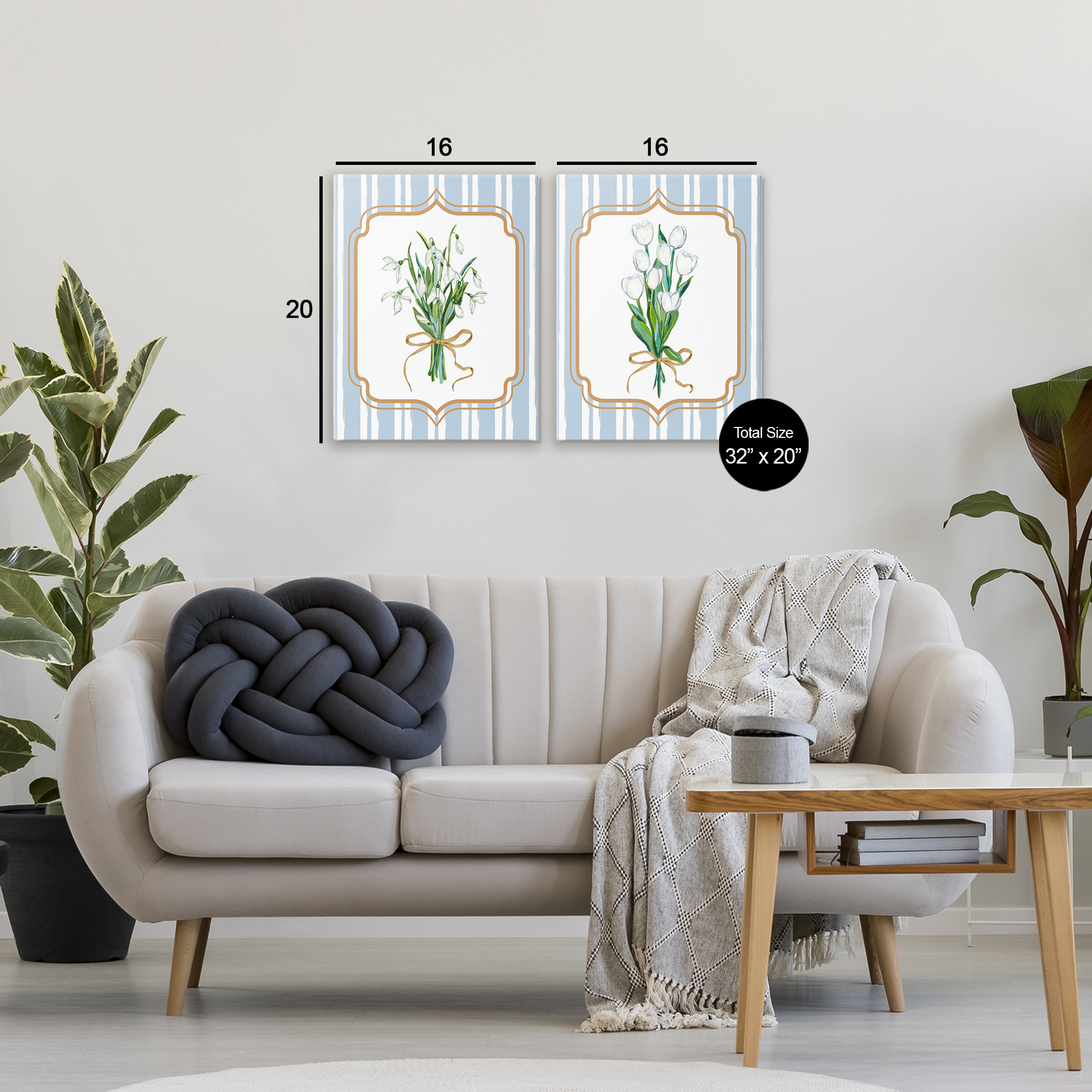 White Flowers Classic Stripes 2 Piece Canvas Wall Art Set, design by Adonna Ebrahimi