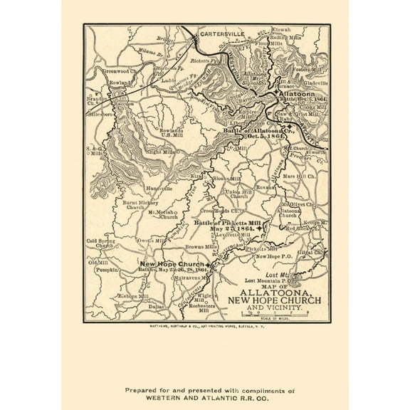 Historical Civil War Map - Allatoona New Hope Church Georgia - Northrup 1864 - Vintage Wall Art