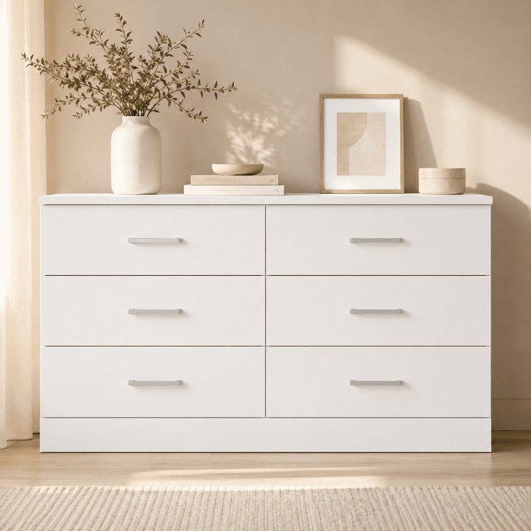Lacoo 6 Drawer Dresser for Bedroom & Living Room, 47'' Double Dresser with Metal Handle, White