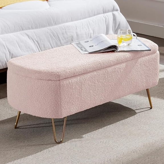 Sudwesto Modern Storage Ottoman , Vintage Boucle Upholstered Entryway , End of Bed with Gold Legs, Padded with Storage for Living Room, Bedroom, Entryway (Pink)