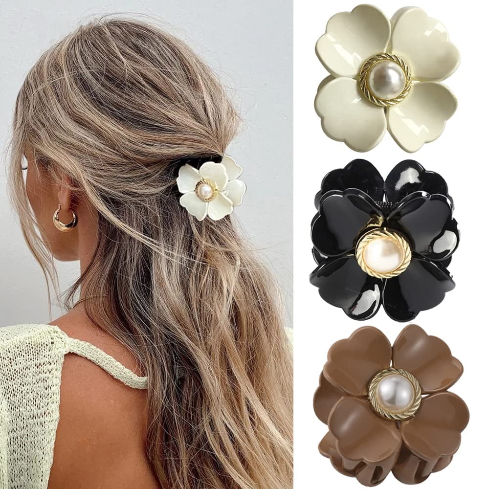 3 Packs Flower Hair Clips Big Flower Jaw Hair Claw Clips with Pearl  Exquisite Design Glossy Non-slip Hair Clips Hair Accessories for Women  Girls Thick or Thin Hair Styling Hair Clamps -