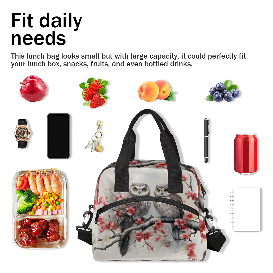 Herdesigns Vintage Birds Insulated Lunch Bag for Women Men Adults Large Reusable Lunch Box Owl Leakproof Cooler Tote Bags with Adjustable Shoulder Strap