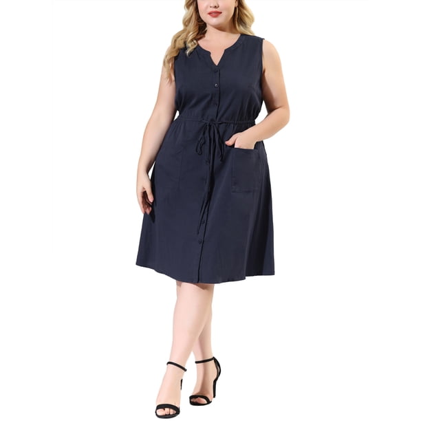 Women's Plus Size V Neck Sleeveless Drawstring with Pocket Casual Midi Shirt Dress Dark Blue 1X