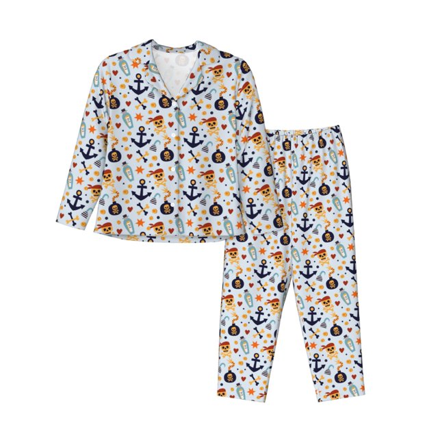 Balery Pirate Skull And Anchor Conjunto de Pijama con Estampado para Mujer, Conjunto de Dos Piezas con Manga Larga, Ropa de Dormir Suave con Bolsillos, Pijamas Cómodos-X-Large