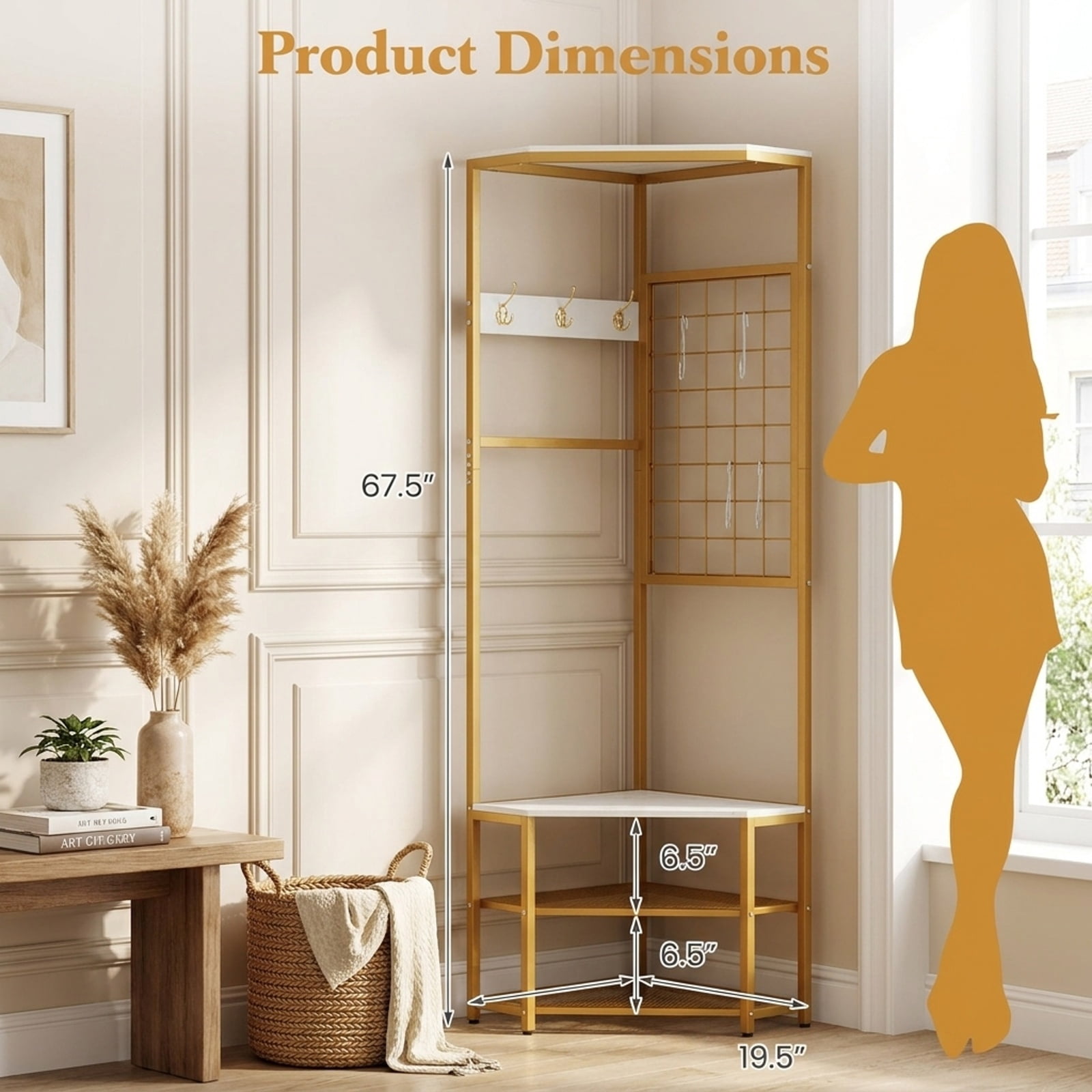 Furnibear Corner Freestanding Hall Tree Coat Rack with Storage Shelves and Removable Hooks for Entryway and Bedroom, White