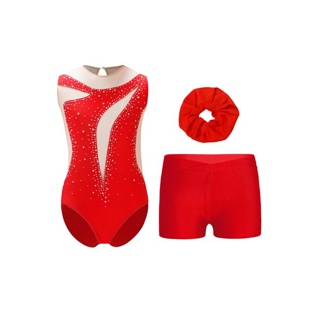 Xnihocha Girls Sleeveless Gymnastics Leotards Training Bodysuits Sparkle Rhinestones Jumpsuits with Waist Short Red 16