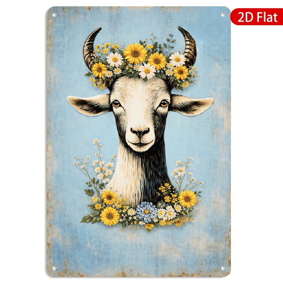 8x12 Inch Metal Wall Art Rectangular Goat Head Sunflower Floral Crown Vintage Rustic Farmhouse Decor 1pc for Home Kitchen Living Room