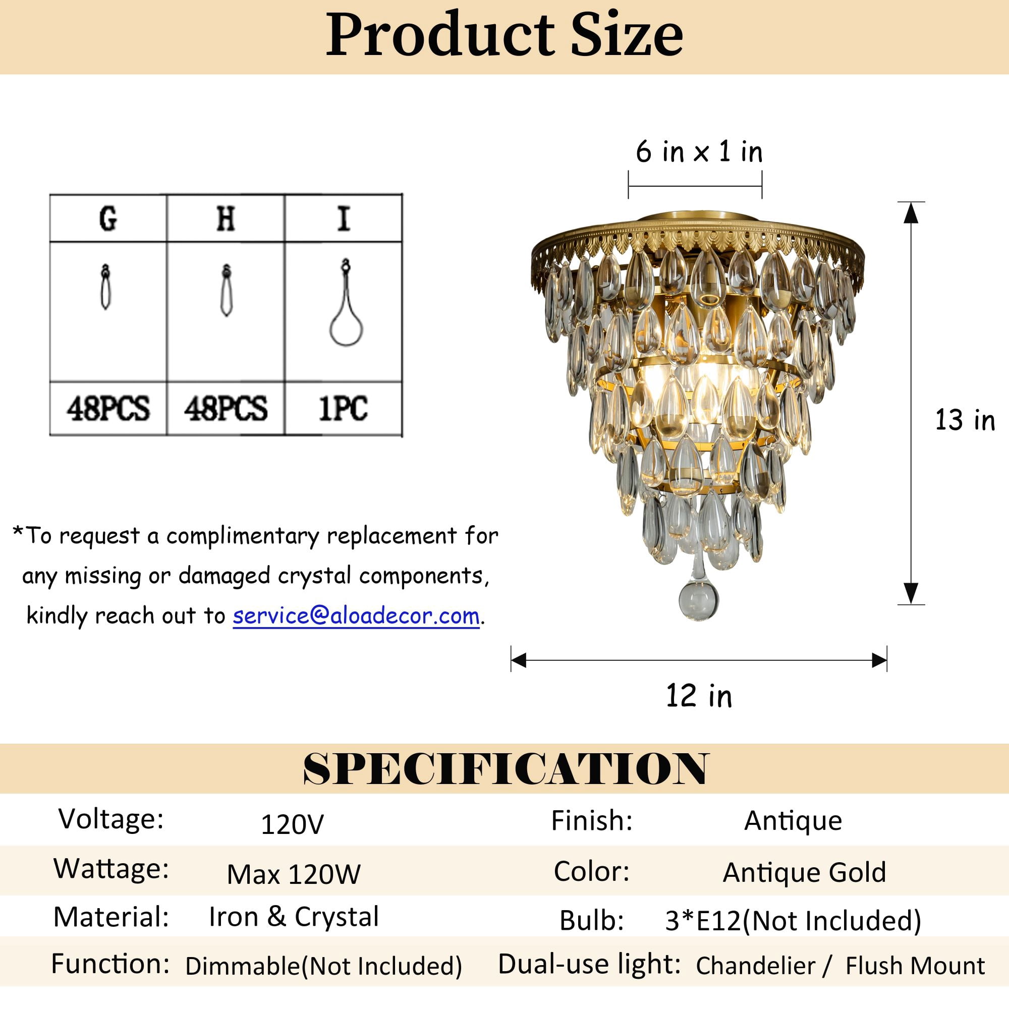 3-Lights Antique Brass Teardrop Flush mount ceiling light with clear bumpy glass