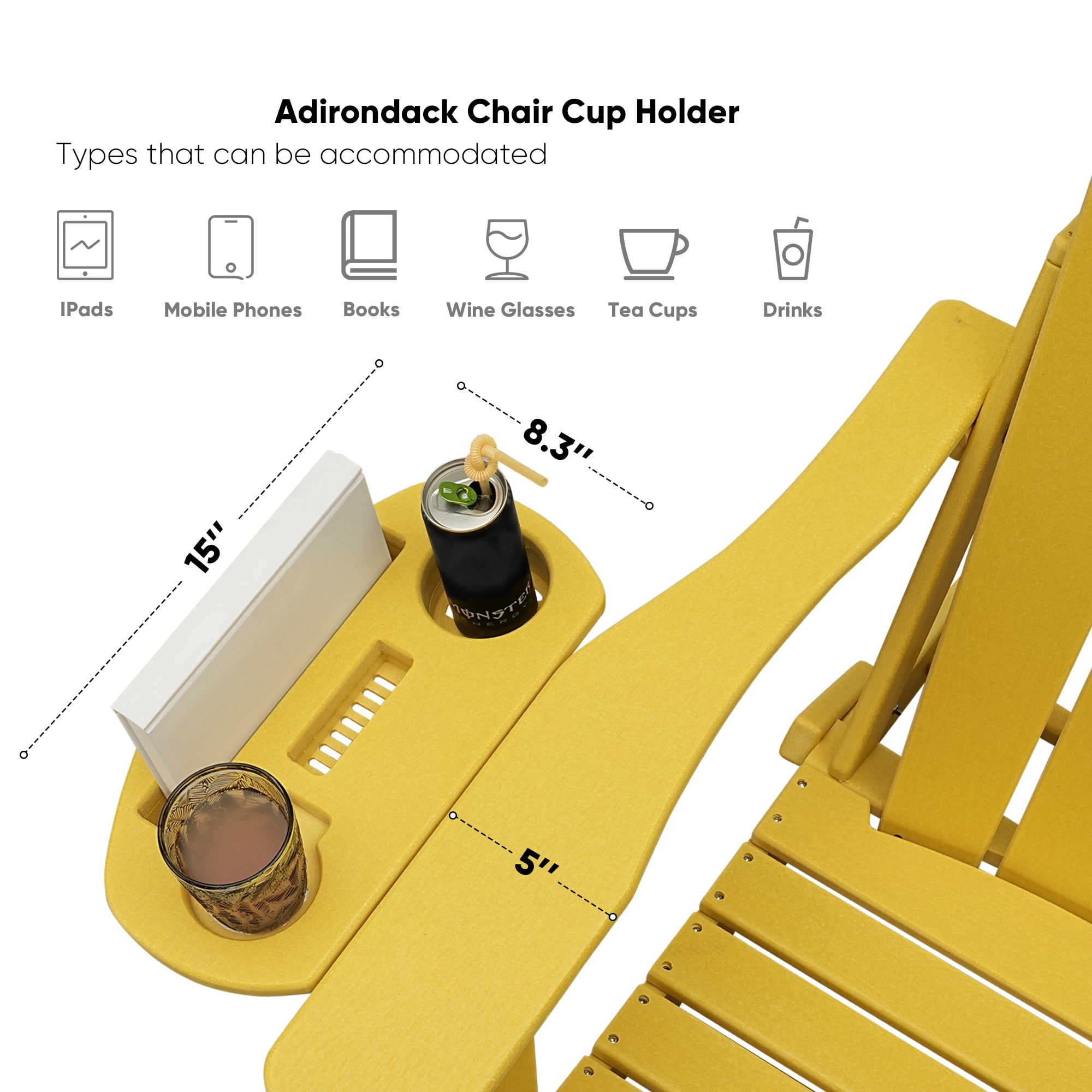 Folding HDPE Adirondack Chair with 4 in 1 Cup Holder Tray Plastic Adirondack Chairs Weather Resistant Lawn Outdoor Firepit Chairs, Yellow