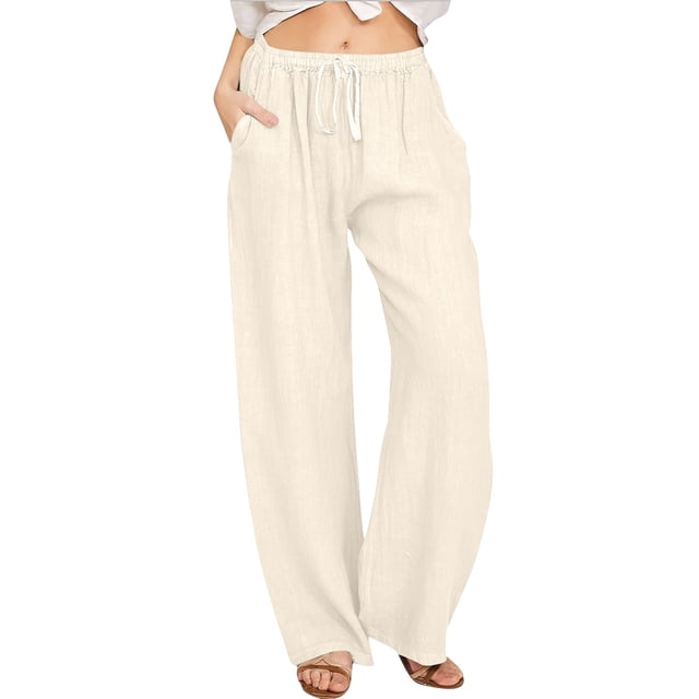 WEIYLL Women's Pants Linen Elastic High Waist Drawstring Wide Leg Yoga Beige Trousers size M