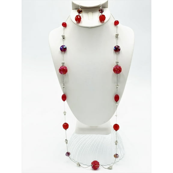 Clip on long silver and red fluorescent bead necklace and earring set