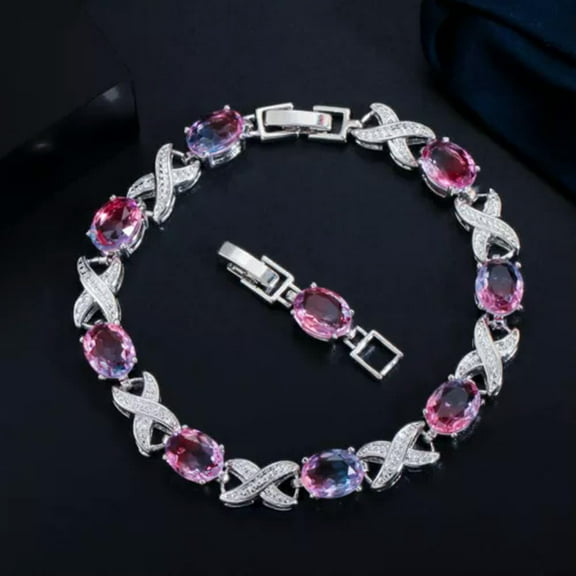 Silver Plated Famous Brand Mystical Rainbow Blue CZ Women Cross Bracelet Bangle