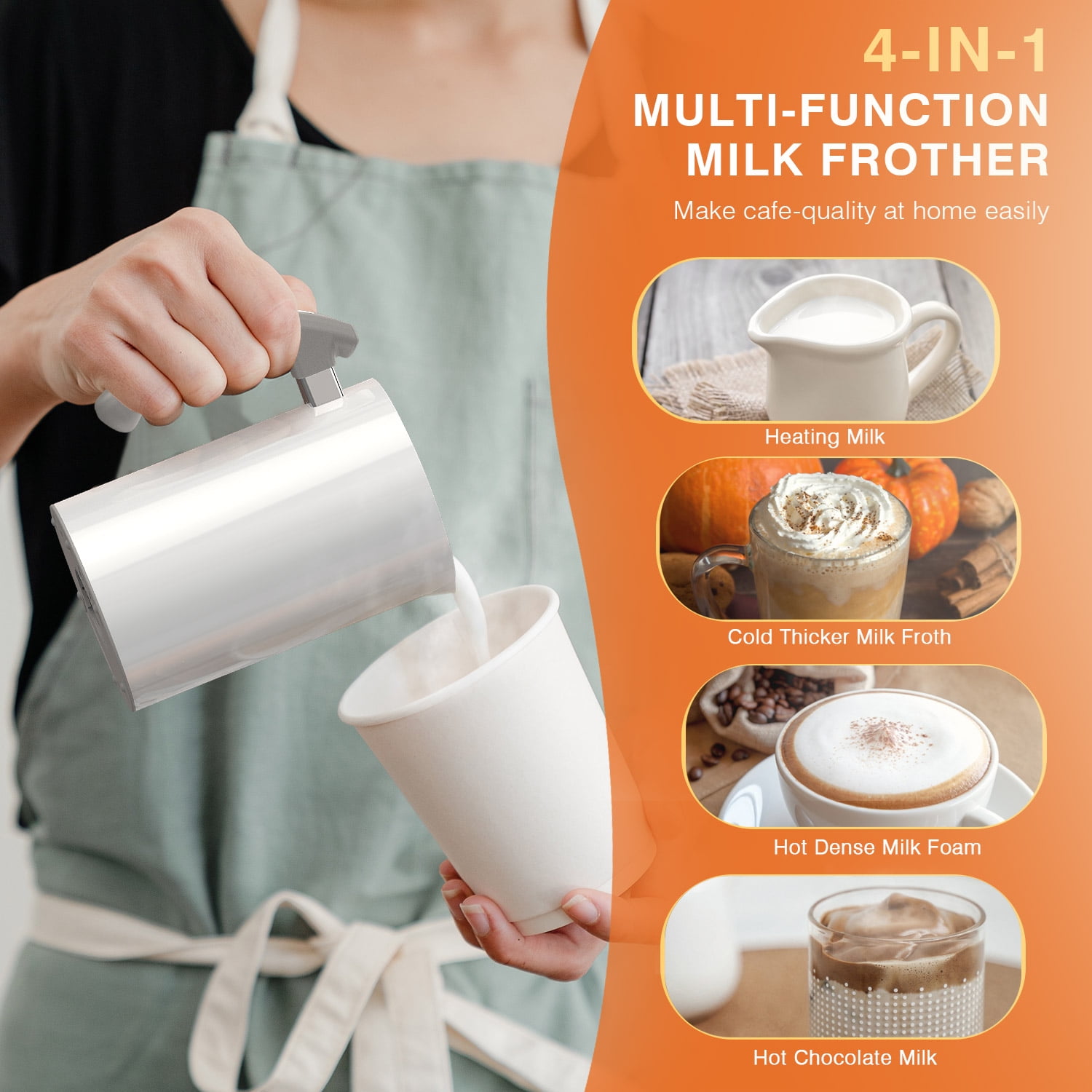 Milk Frother Machine, 4-in-1 Detachable Stainless Steel Hot & Cold Electric  Milk Warmer and Foam Maker with Smart Touch Control and Dishwasher Safe