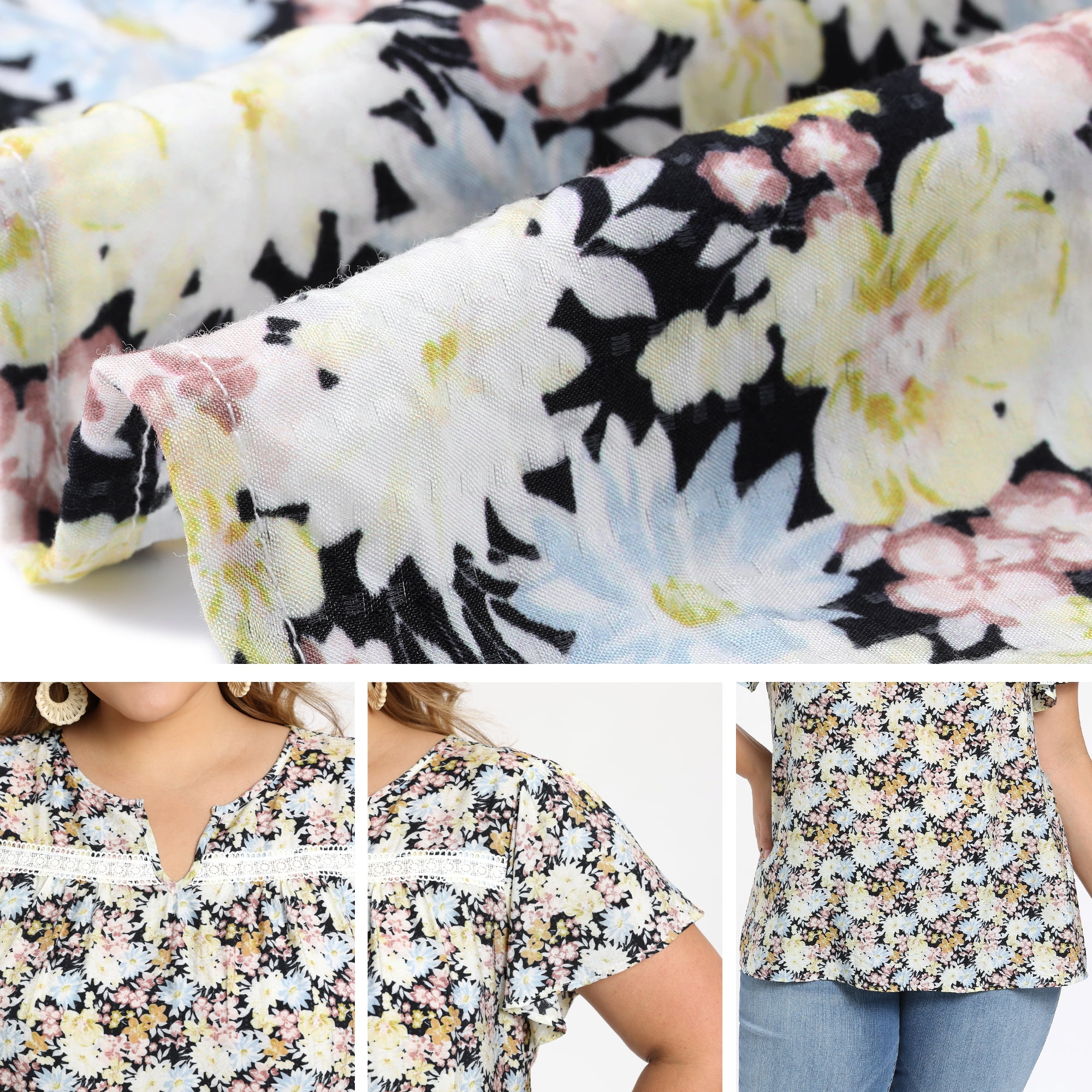 DARING DIVA Women's Plus Notch V Neck Ruffle Sleeve Floral Top 1X Black