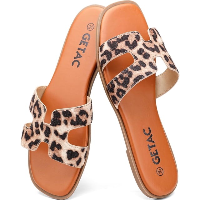 Getac CHANCLAS MUJER, SANDALIAS Planas con punta abierta, Suela Antiderrapante Viscoelástica PANTUNFLAS, Casuales Cómodas.,Leopardo