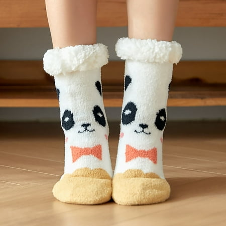 

MRULIC fall clothes for women 2022 Women Fuzzy Socks Winter Coral Fleece Socks Middle Cute Cartoon Floor Socks White + One size