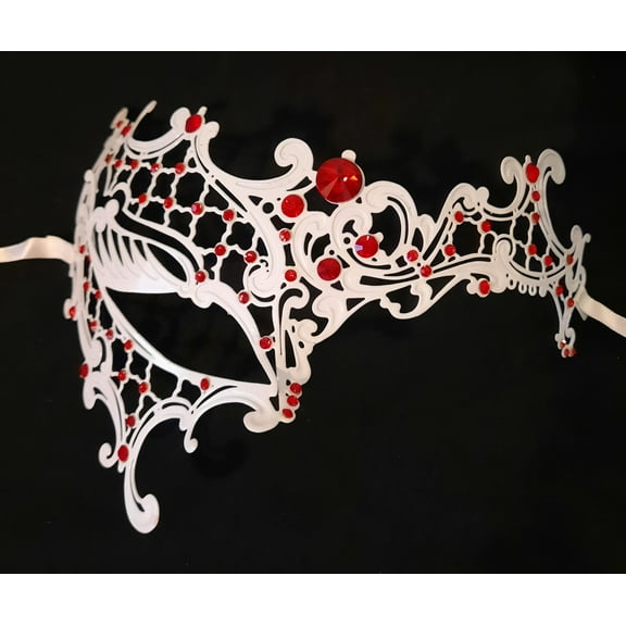 White Red Crystal Lady Phantom Laser Masquerade Metal Filigree Mask