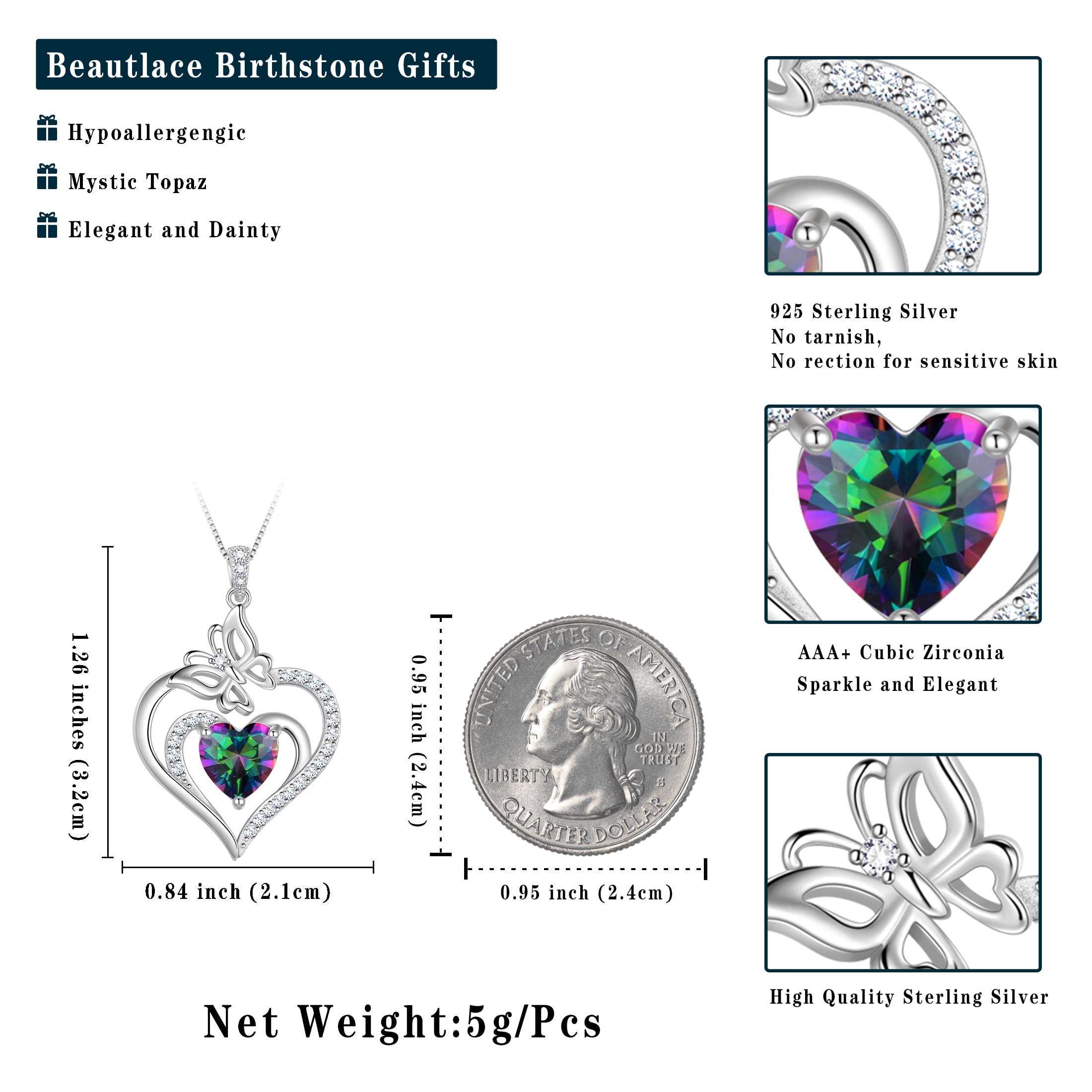 Beautlace 925 Sterling Silver Heart Multi Color Mystic Topaz Birthstone Necklace,Butterfly Pendant Necklace Cute Animal Jewelry Birthday Christmas Valentines Gifts for Women