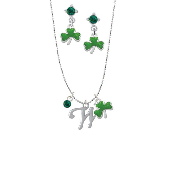 Delight Jewelry Silvertone Small Gelato Script Initial - W - Green Shamrock Necklace and Clover Earrings Jewelry Set