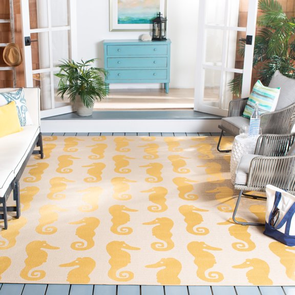 SAFAVIEH Courtyard Warwick Nautical Indoor/Outdoor Area Rug, Beige/Yellow, 9' x 12'