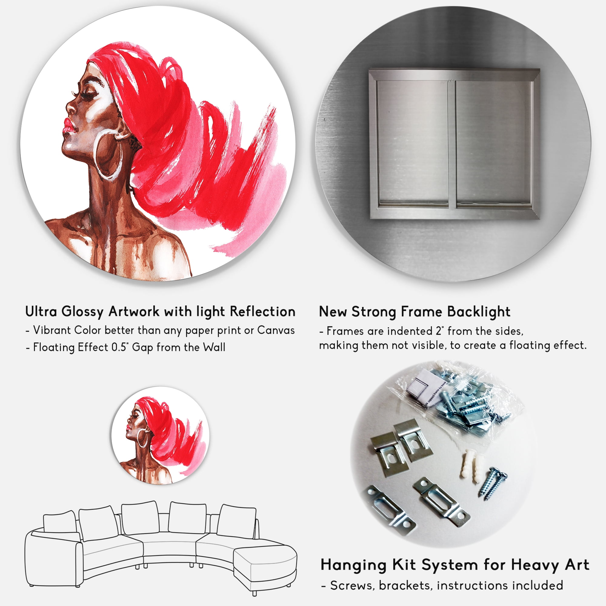 Designart 'Portrait of Afro American Woman IX' Modern Circle Metal Wall Art 36x36 - Disc of 36