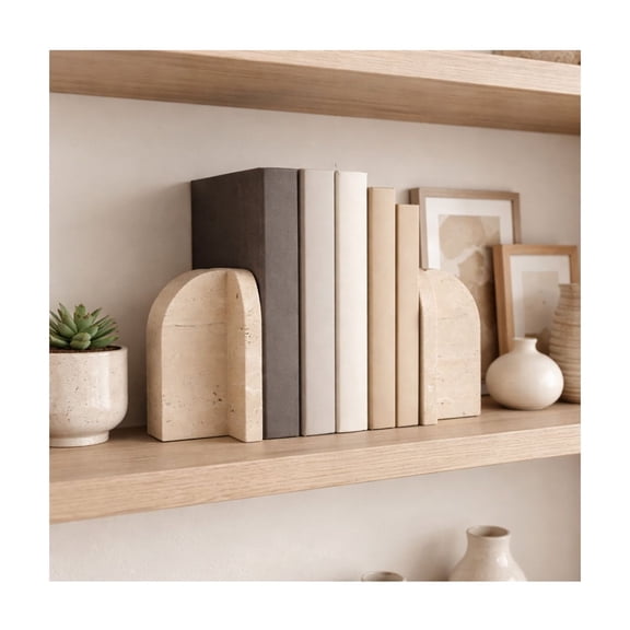 Marble Arched Book Ends for Shelves - Modern Book Accessories for  Bookshelf Libray Decor - Decorative Bookends Display for Office Library, Desk or Living Room Accent - Set of 2, 6", Tan