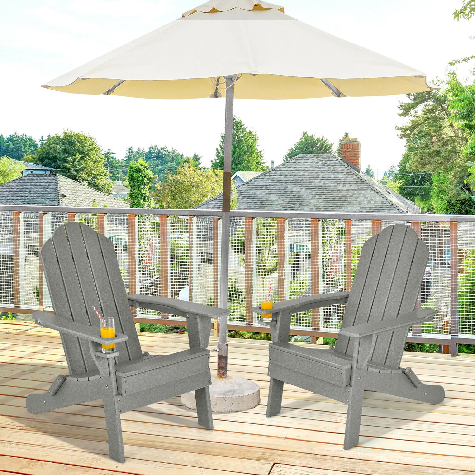 Gymax 2PCS Patio Folding Adirondack Chair Weather Resistant Cup Holder Yard Grey