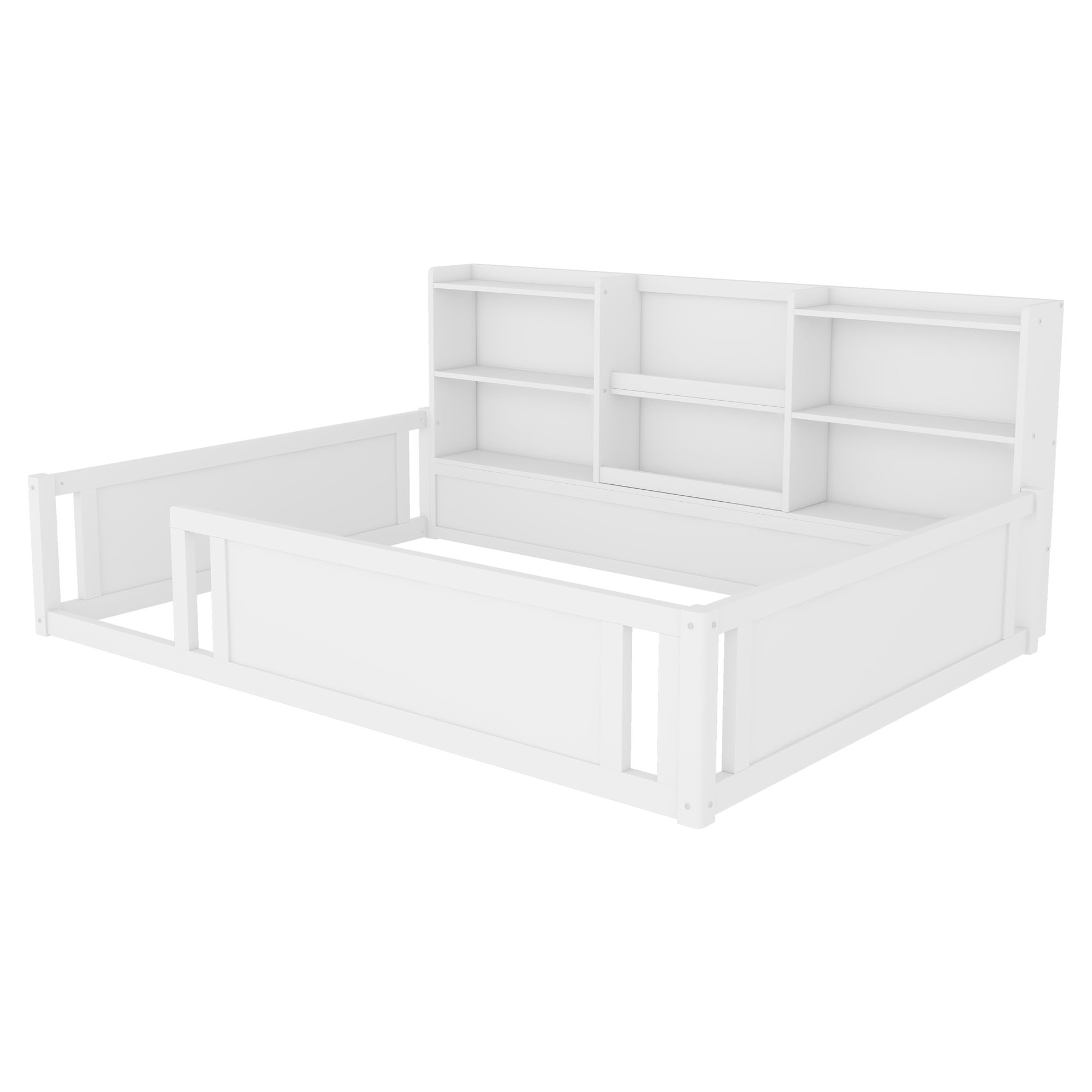 Mintazer Full Size Montessori Floor Bed with Bookcase Headboard & Guardrails, Kids Platform Bed Frame with 6 Cubby Storage Shelves for Bedroom, White