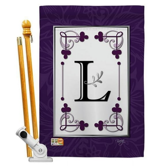 Breeze Decor BD-SB-HS-130012-IP-BO-D-US09-BD 28 x 40 in. Vertical Classic L Initial Interests Simply Beauty Impressions Decorative Double Sided House Flag Set with Pole & Bracket Hardware