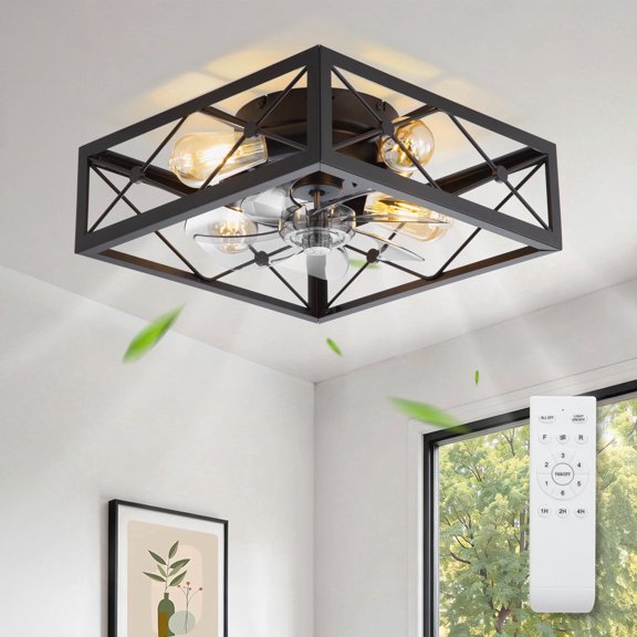 Lokivas 16in Low Profile Ceiling Fan with Light and Remote, 6-Speed Quiet DC Motor, for Bedroom, Living Room, Black