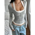 thumbnail image 3 of Women'S Long Sleeve Henley T Shirts Button Ribbed Knit Slim Fit Casual Basic Tops Blouse Flower Gray XL, 3 of 6