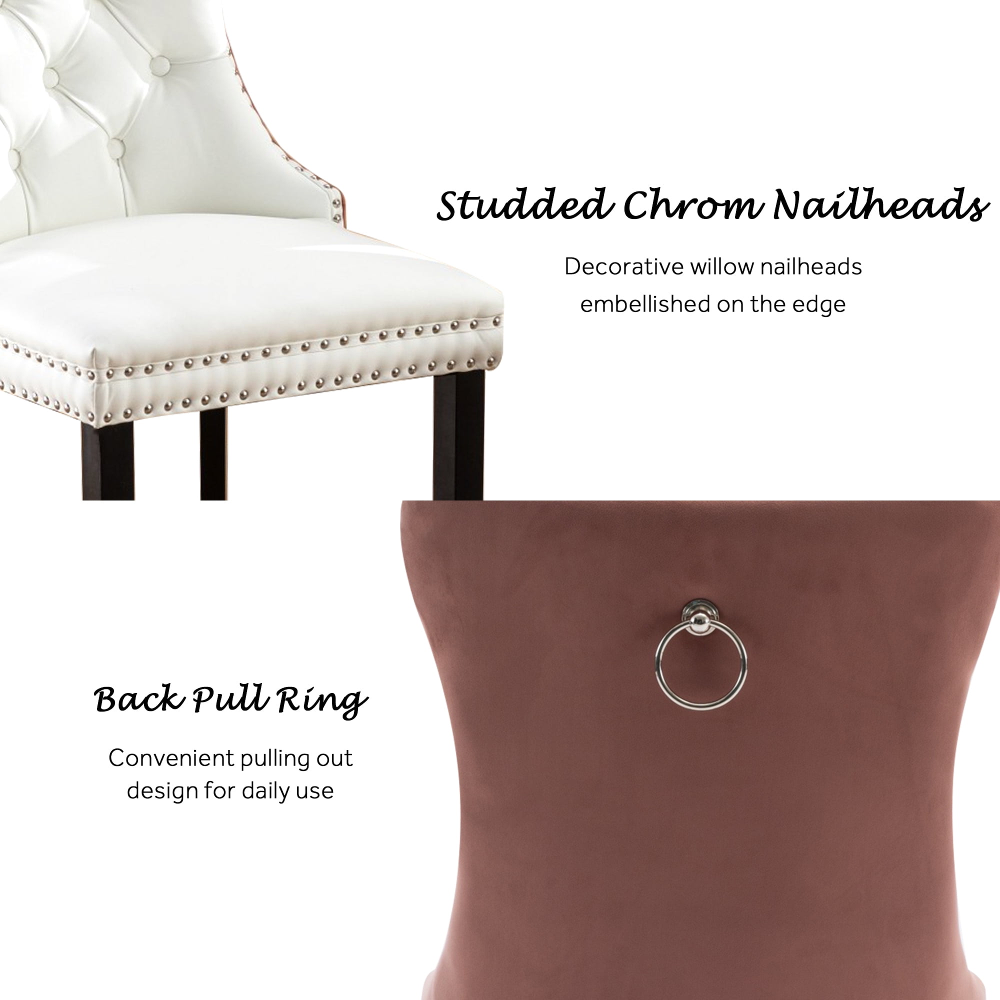 DONICK Velvet White Pink Upholstered Dining Chairs Set of 6, Kitchen & Dining Room Chairs Nailheads Tufted Soft Solid Wood Frame