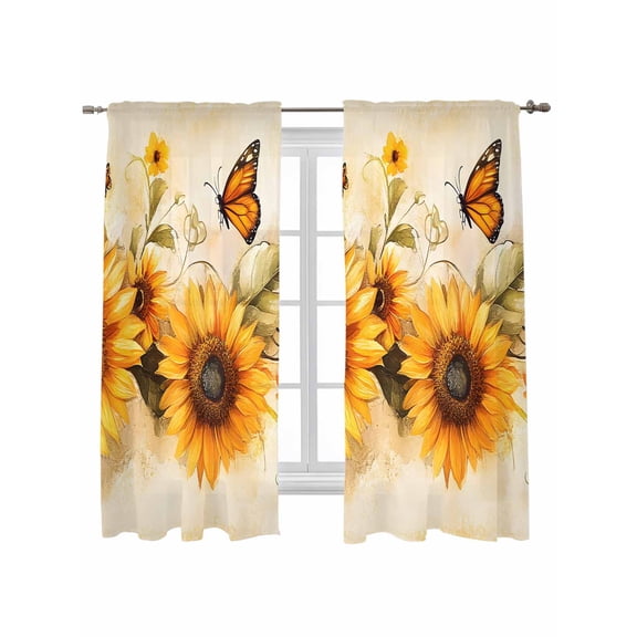 Sunflower Curtains 63 Inch Length, Sheer Curtains for Bedroom Living Room Window Butterfly Spring Floral Retro Rod Pocket Voile Drapes Kitchen Curtains Small Half Window 42"x63" 2 Panels