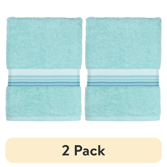 (2 pack) Mainstays Basic Bath Towel, Soft 100% Cotton and Highly Absorbent Striped Bath Towel, Aqua