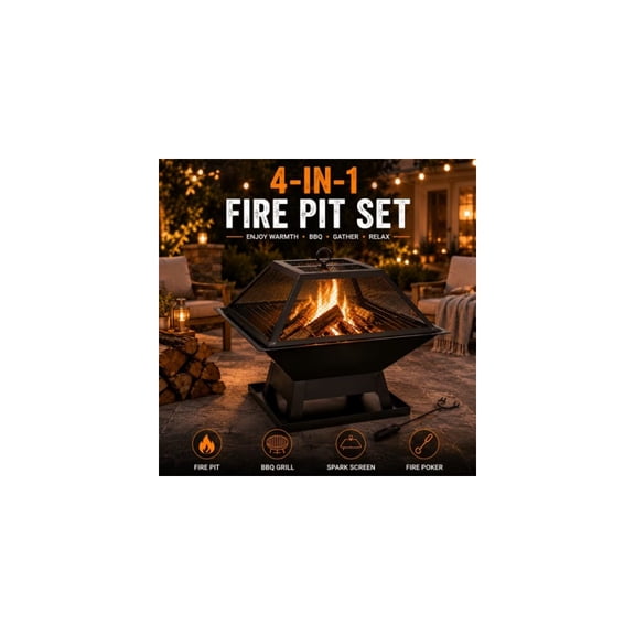 Portable 4-In-1 Wood Burning Fire Pit with Removable Cooking Grill, Spark Screen & Fire Poker, Outdoor Firepit for Backyard BBQ, Camping, Patio Heating, Bonfire Nights & Outdoor Gatherings
