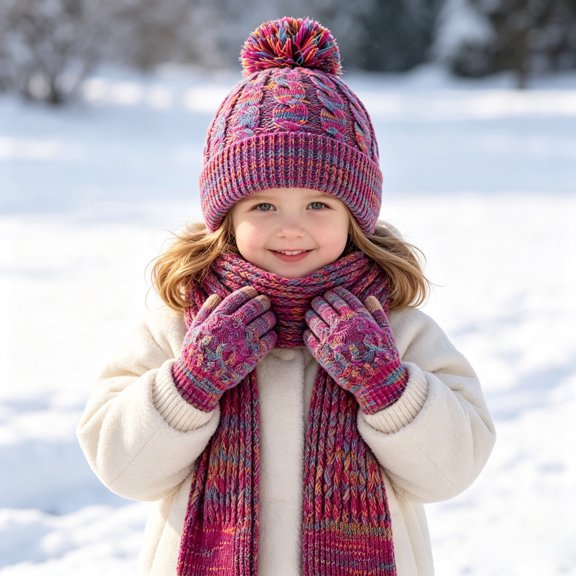 3 Pcs Kids Winter Hat Scarf Gloves Set Knit Pompom Beanie with Earmuffs Double Layer Scarf Touchscreen Gloves Toddler Thick Thermal Sets Hot Pink 2-10 Years