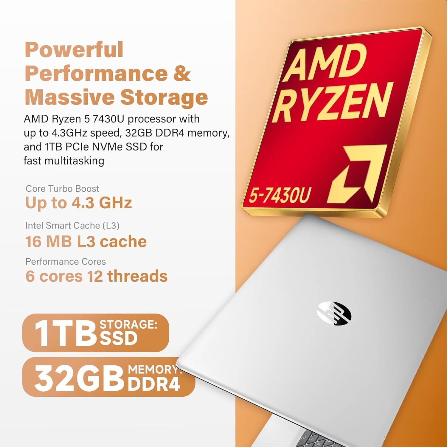 HP 2026 17 inch laptop, 6-Core AMD Ryzen 5 7430U, 17.3" HD+ Touchscreen IPS Display, 12GB RAM, 512GB SSD, Copilot AI, Backlit Keyboard, Windows 11 Pro