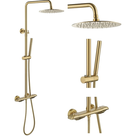 Thermostatic 3 Functions Tub Shower Faucet Sets with Brass Valve, Shower Fixture with 10 Inches Rainfall Shower Head
