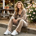 thumbnail image 6 of Szluipve Women Velvet 2 Piece Tracksuit Zip Up Hooded Long Sleeve Jacket High Waist Wide Leg Pants Casual Solid Loungewear Matching Set, 6 of 6