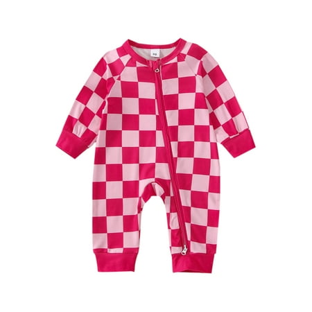 

jaweiwi Baby Boy s Girl s Romper Round Neck Long Sleeve Checkerboard Printed Zipper Closure Jumpsuit Size 0 6 9 12 18 M