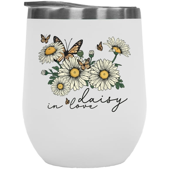 Daisy in Love Pun Quote with Daisies & Butterflies Art Merch Gift, White 12oz Wine Tumbler