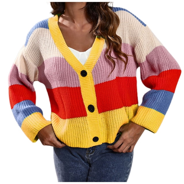 Cárdigan de manga larga con cuello en V y bloques de color para mujer, cárdigan informal de punto corto, tops para mujer