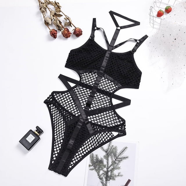 Mono de lencería sexy con cuello colgante de primavera y verano con empalme de malla grande