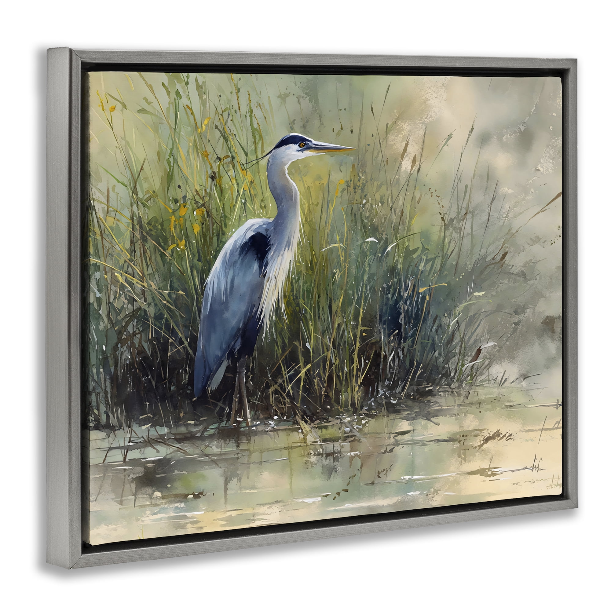 Stupell Industries Heron In The Grass Gray Framed Floater Canvas Wall Art, design by Franklyn Gregory
