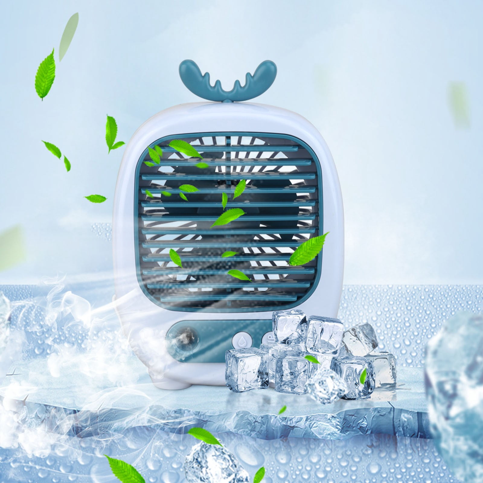 Cute Antler Design Portable Evaporative Air Cooler, 3-in-1 Mist Humidifier Desktop Fan for Home & Office
