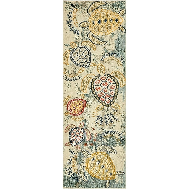 Unique Loom Positano Collection Coastal, Modern, Abstract, Turtles, Distressed, Vintage Area Rug, 2' 2 x 6' 7, Beige/Blue