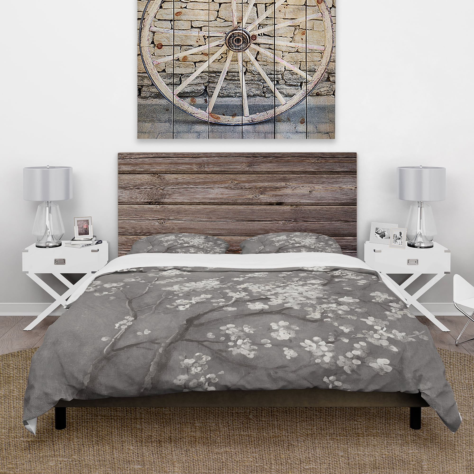 Designart 'White Cherry Blossoms I' Farmhouse Duvet Cover Set