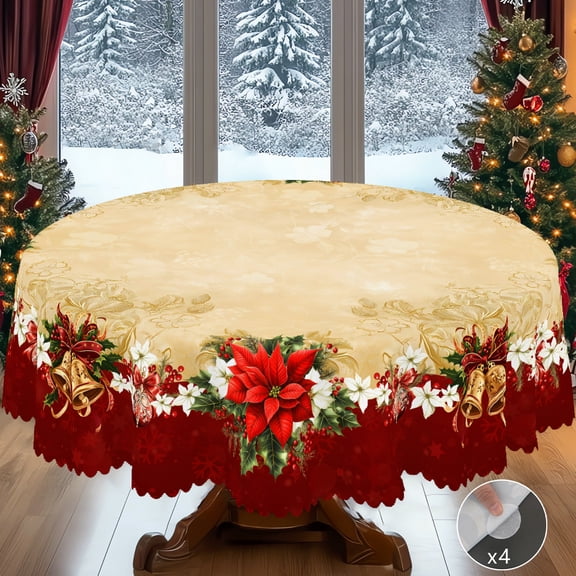 KOPOEELK Poinsettia Bell Garland 60 in Round Tablecloth, Christmas Dining Decor