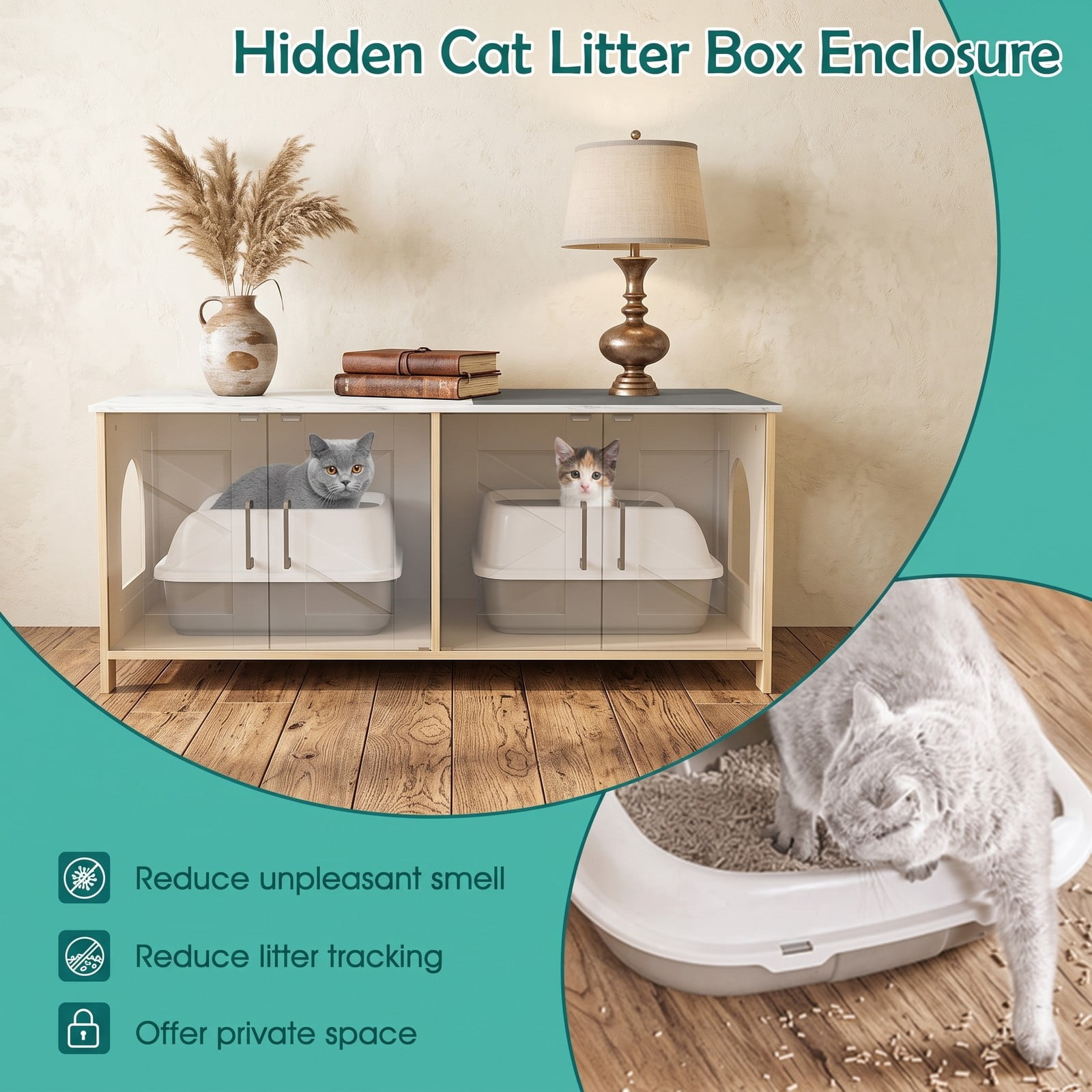 ALPULON Cat Litter Box Enclosure for 2 Cats Modern Kitty Litter Box Furniture Cabinet Hidden Washroom Side Table with Barn Doors and Tabletop, White
